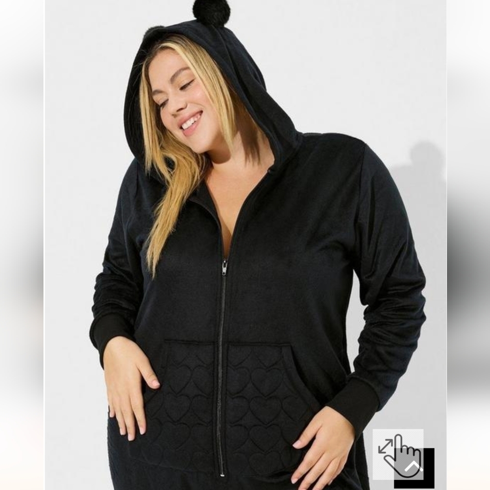 Torrid Fleece Pom Ears Fleece Lounge Pajamas Heart Pocket Onesie black  Sz 3x 4x